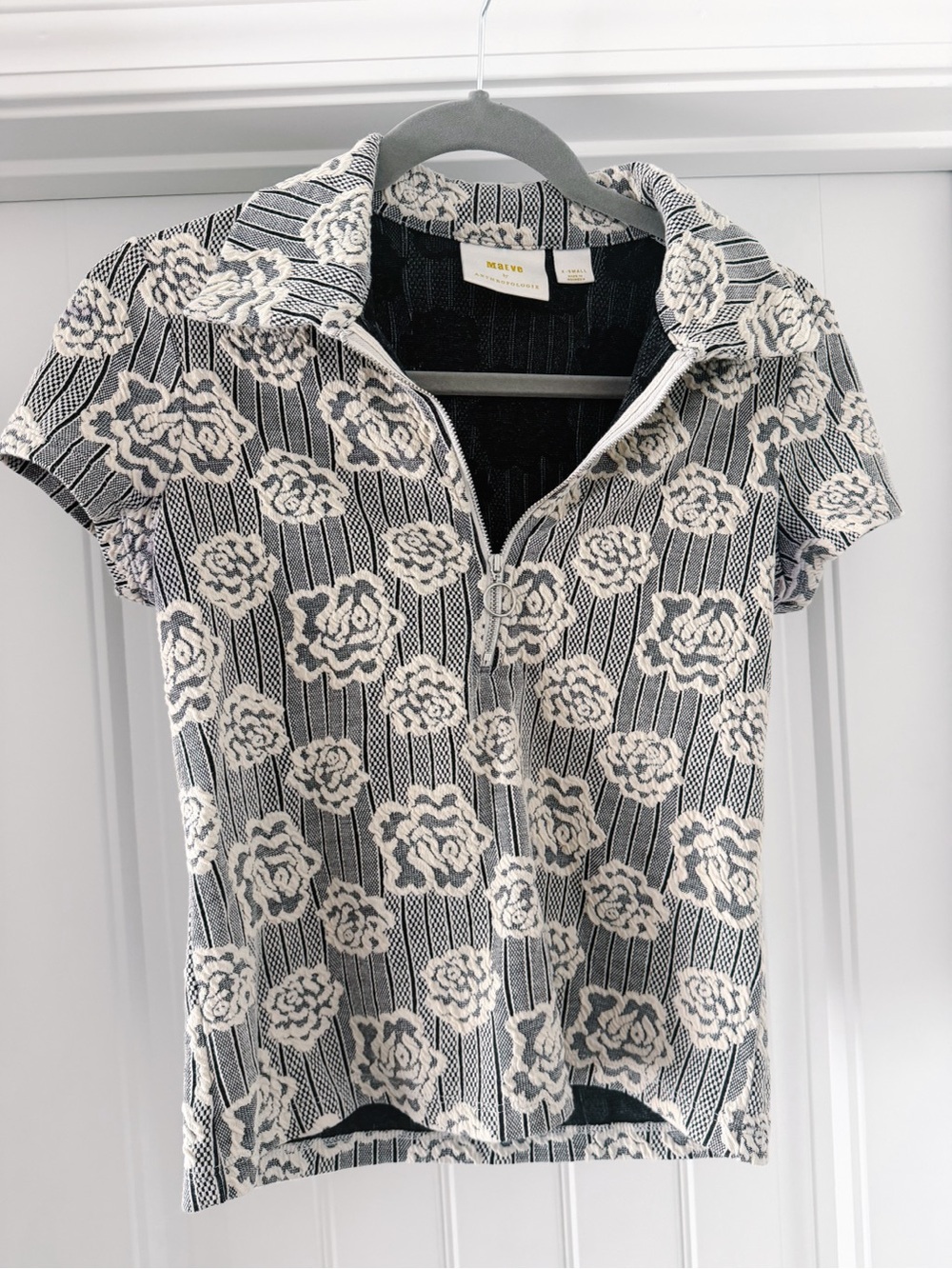 Black and Cream Floral Zip Polo